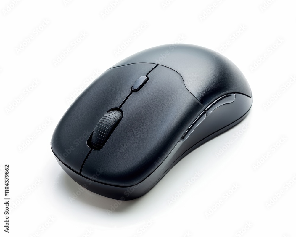 A sleek black wireless computer mouse on a clean white background. A sleek black wireless computer mouse on a clean white background.