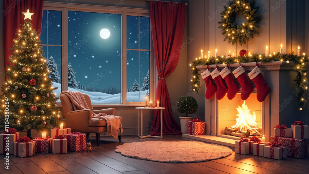 Magical Christmas Eve: A living room decorated with a Christmas tree, stockings hung by the fireplace, and a window showing a starry night sky.
Magical Christmas Eve: A living room decorated with a Christmas tree, stockings hung by the fireplace, and a window showing a starry night sky.