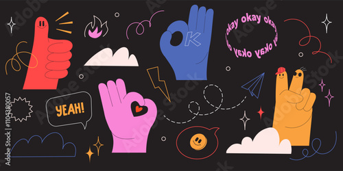 Playful colorful illustration featuring hand gestures, speech bubbles, and fun elements. Thumb-up, okay sign, emoji, expressive details. Modern communication concepts.