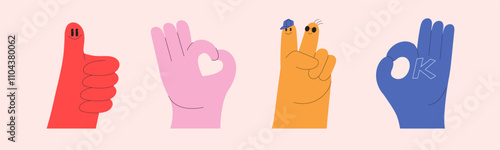 Playful colorful illustration featuring hand gestures. Thumb-up, okay sign, emoji, expressive details. Modern communication concepts.