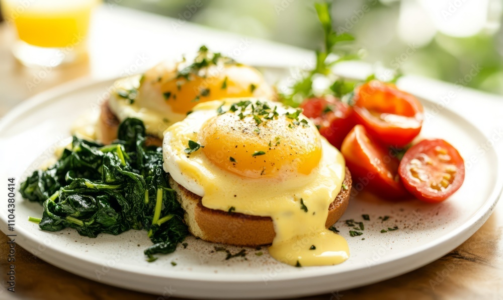 A sophisticated breakfast arrangement featuring eggs Benedict with a side of sauted spinach and heirloom tomatoes, radiating culinary elegance. A sophisticated breakfast arrangement featuring eggs Benedict with a side of sauted spinach and heirloom tomatoes, radiating culinary elegance.