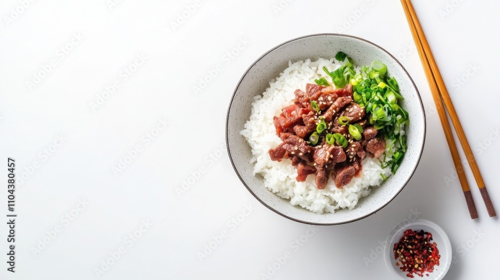 料理デザイン用の白い背景に牛肉とご飯を載せたアジア料理のボウルの航空写真 料理デザイン用の白い背景に牛肉とご飯を載せたアジア料理のボウルの航空写真
