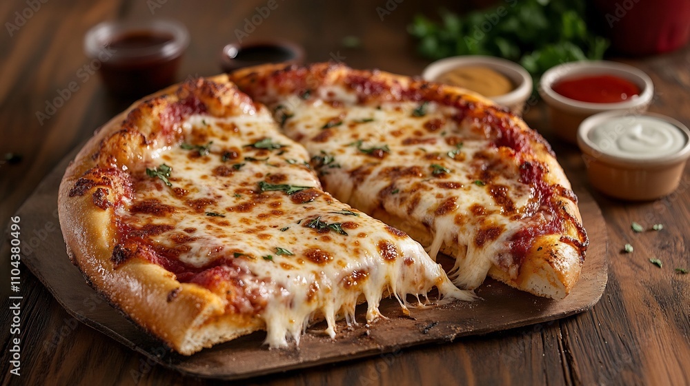 Delicious Cheese Pizza Slice on Wooden Board with Dipping Sauces Delicious Cheese Pizza Slice on Wooden Board with Dipping Sauces