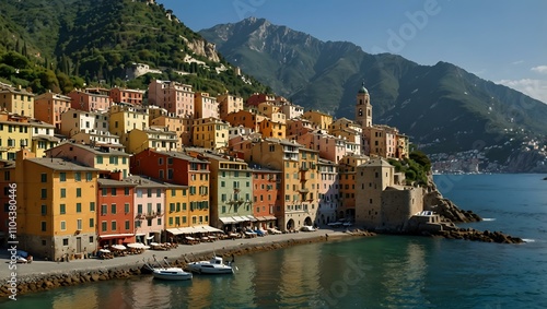 Charming Camogli with colorful houses and reflecting hills in Liguria.