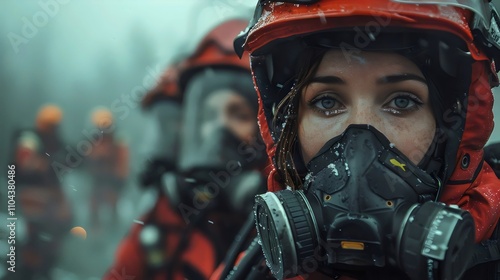 A woman wearing a gas mask and a red helmet