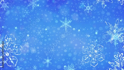 Blue Crystal Snowflake Fall Background 4K Loop features a blue atmosphere with falling crystal snowflakes with real and vector snowflakes falling in the background in a loop.