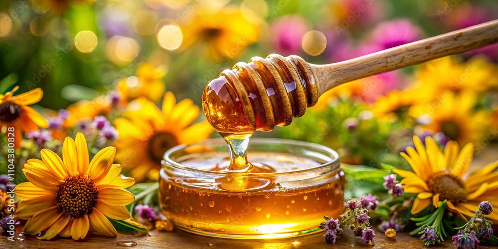 Golden honey drips from a wooden stick into a clear jar surrounded by colorful flowers, creating a serene and inviting atmosphere in the garden on a sunny day Golden honey drips from a wooden stick into a clear jar surrounded by colorful flowers, creating a serene and inviting atmosphere in the garden on a sunny day