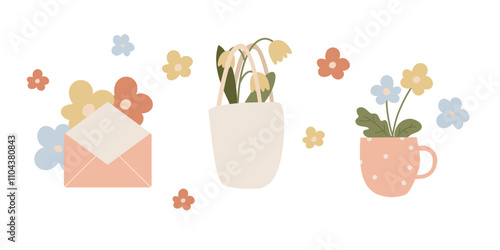 Spring colorful flower bouquets in shopping bag, envelope and cup. Hand drawn flat design clipart illustration compositions isolated on transparent background. Snowdrops and daisy plants.