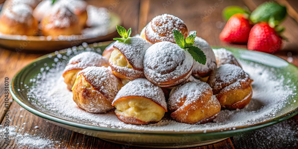 A delightful arrangement of cream-filled pastries topped with powdered sugar sits on a green plate. Juicy strawberries and mint leaves accompany the treat, enhancing its appeal A delightful arrangement of cream-filled pastries topped with powdered sugar sits on a green plate. Juicy strawberries and mint leaves accompany the treat, enhancing its appeal
