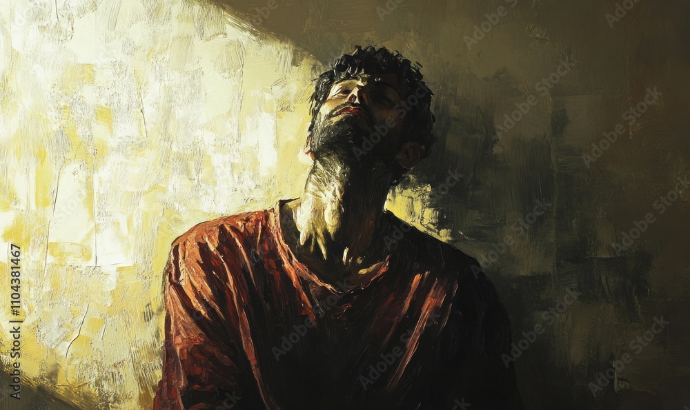 A reflective figure evoking the biblical Paul in confinement, illuminated by a strong light, depicted in a painterly style A reflective figure evoking the biblical Paul in confinement, illuminated by a strong light, depicted in a painterly style