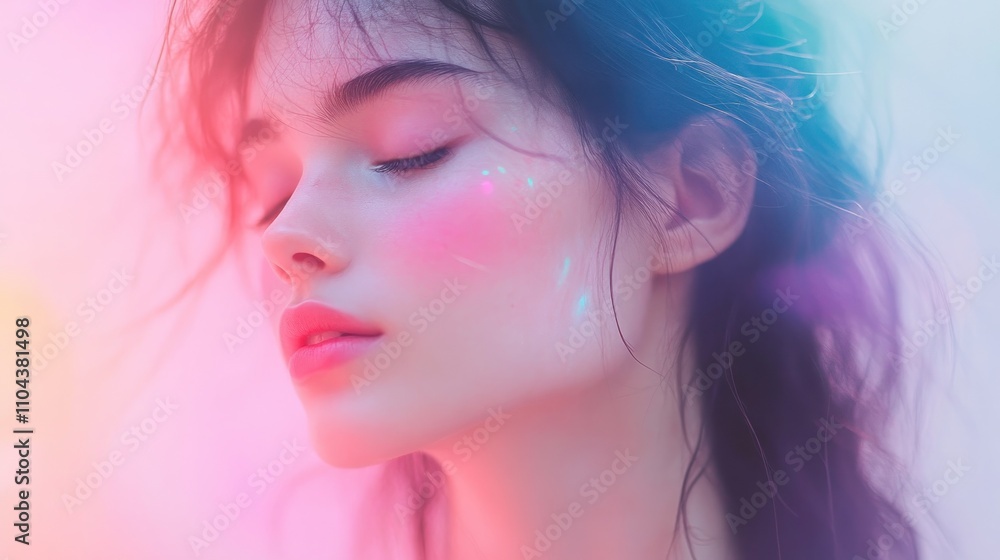 Dreamlike Portrait: A Serene Young Woman in Neon Hues Dreamlike Portrait: A Serene Young Woman in Neon Hues