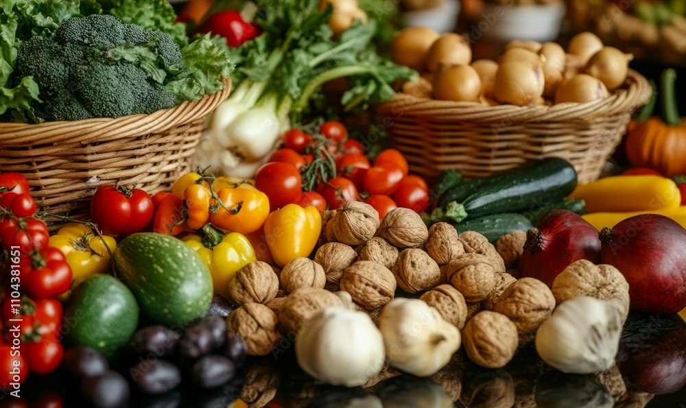 A variety of vegetables and nuts are displayed on a table A variety of vegetables and nuts are displayed on a table