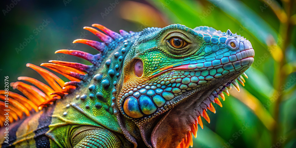 Obraz premium A striking iguana displays vibrant blues, greens, and oranges while basking in a tropical setting. Surrounding foliage adds to the vivid backdrop in bright daylight