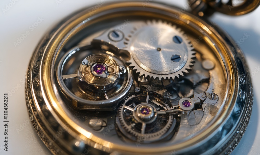 An upclose view of an antique fob watch revealing the intricate inner workings and precise movements of the gears. An upclose view of an antique fob watch revealing the intricate inner workings and precise movements of the gears.