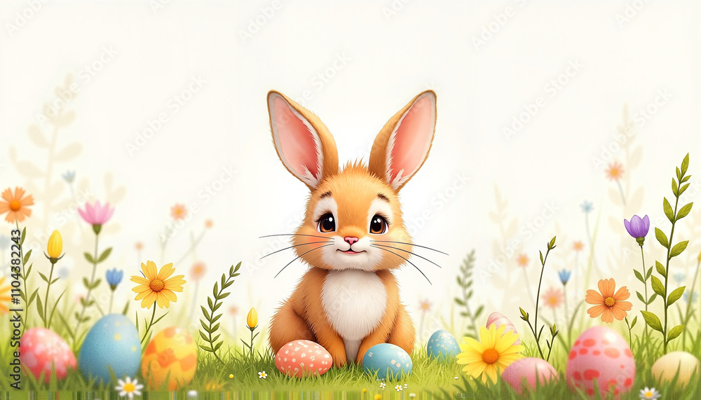 Cute Easter bunny with colorful eggs and wildflowers Cute Easter bunny with colorful eggs and wildflowers