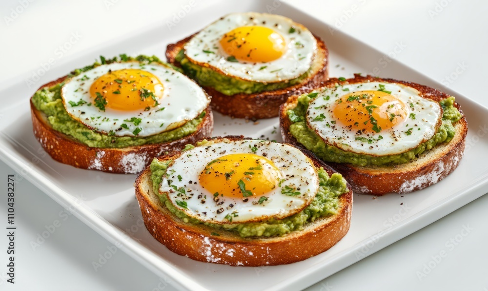Avocado toast with fried eggs, sprinkled with fresh herbs, arranged on a white platter. Healthy breakfast or brunch concept. Avocado toast with fried eggs, sprinkled with fresh herbs, arranged on a white platter. Healthy breakfast or brunch concept.
