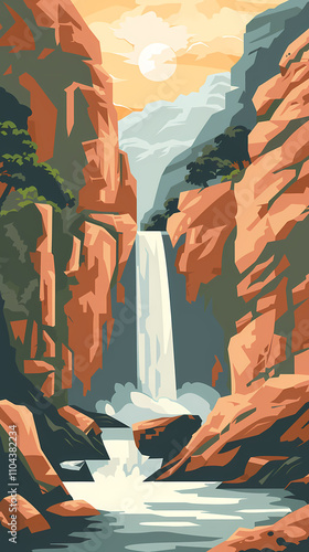 A stunning digital illustration of a waterfall cascading into a serene canyon, surrounded by vibrant rock formations during sunset.