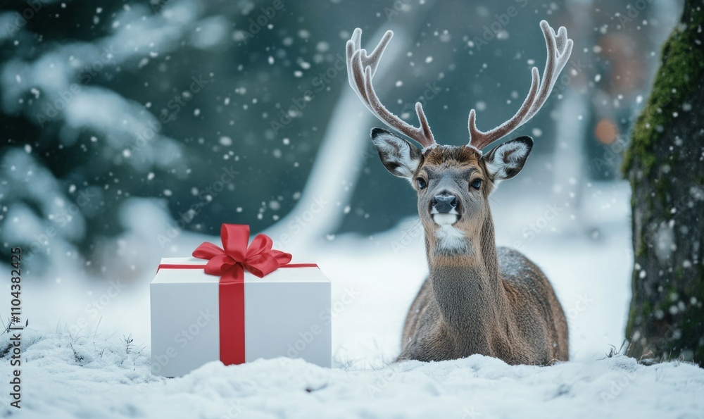 A white box with a red ribbon sits on a snowy ground next to a deer A white box with a red ribbon sits on a snowy ground next to a deer