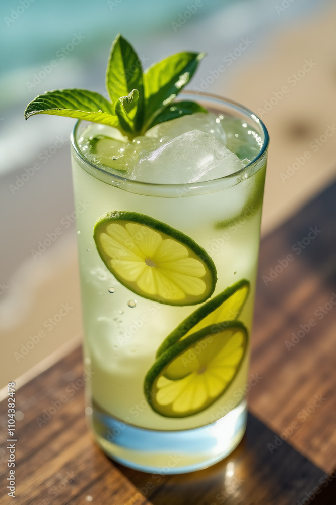 highball glass with mojito cocktail with ice and lime slices on a wooden table near a sandy beach. highball glass with mojito cocktail with ice and lime slices on a wooden table near a sandy beach.