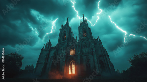 This image depicts an ominous Gothic castle with towering spires and intricate ancient architecture under a stormy sky. Bright lightning bolts pierce through dark teal clouds, illuminating the castle’