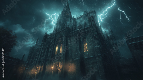 This image depicts an ominous Gothic castle with towering spires and intricate ancient architecture under a stormy sky. Bright lightning bolts pierce through dark teal clouds, illuminating the castle’