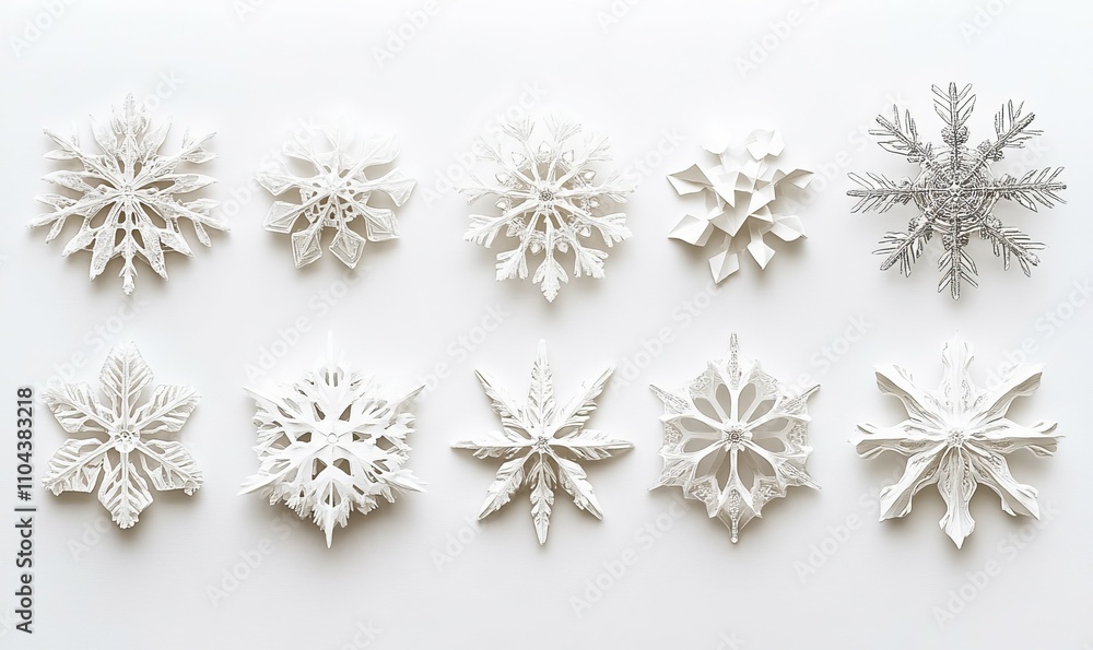 A series of snowflakes are shown in various shapes and sizes A series of snowflakes are shown in various shapes and sizes
