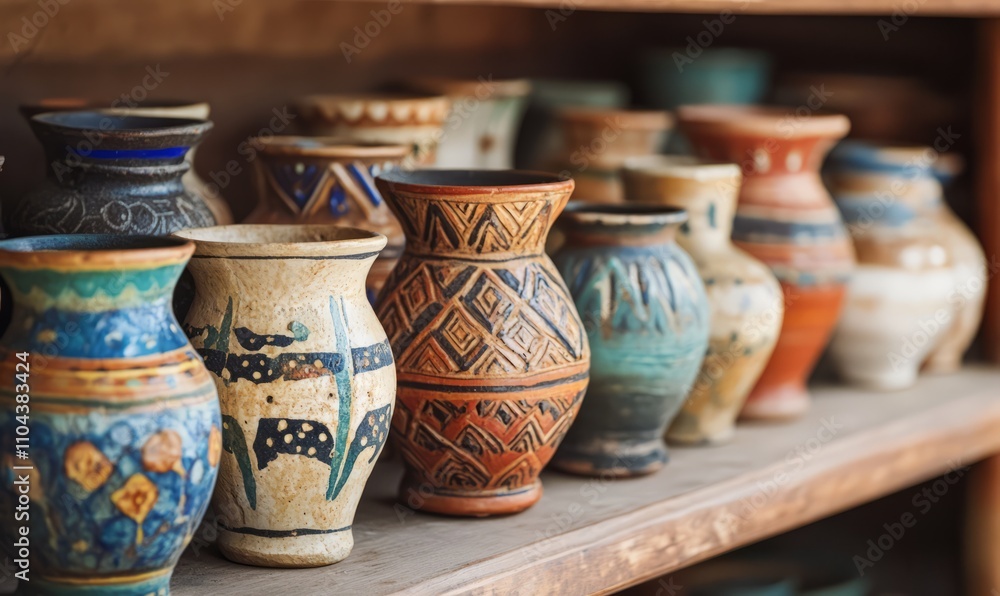 A shelf filled with colorful and ancient pottery offers a glimpse into historical craftsmanship and cultural heritage A shelf filled with colorful and ancient pottery offers a glimpse into historical craftsmanship and cultural heritage