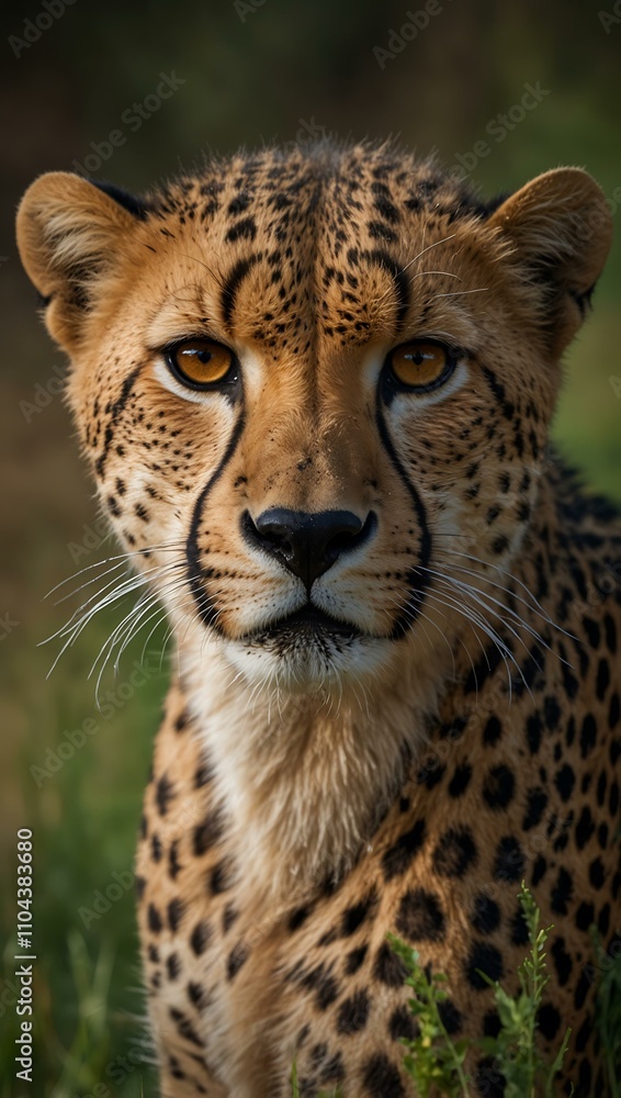 Fototapeta premium Cheetah's intense gaze through the green veil.