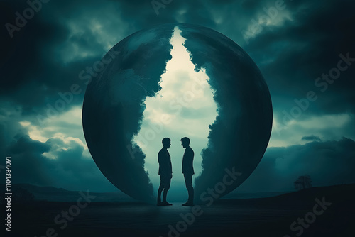 Two figures face each other in a surreal setting, where a globe split in half symbolizes isolation and connection photo