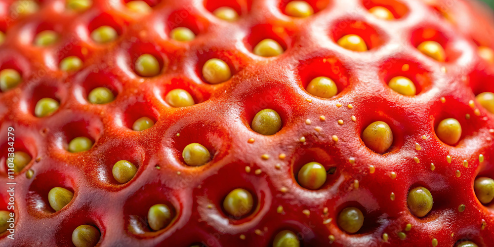 A ripe strawberry is presented in a detailed close-up, revealing its bright red color and distinct texture. The tiny seeds are visible, emphasizing its freshness and sweetness A ripe strawberry is presented in a detailed close-up, revealing its bright red color and distinct texture. The tiny seeds are visible, emphasizing its freshness and sweetness