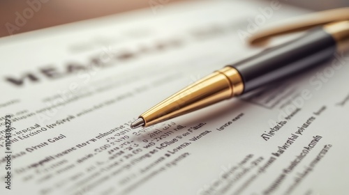 Legal Document with Gold Pen: Contract Signing, Agreement, Business, Law, Justice, Finance, Office, Workplace, Details, Close-up.