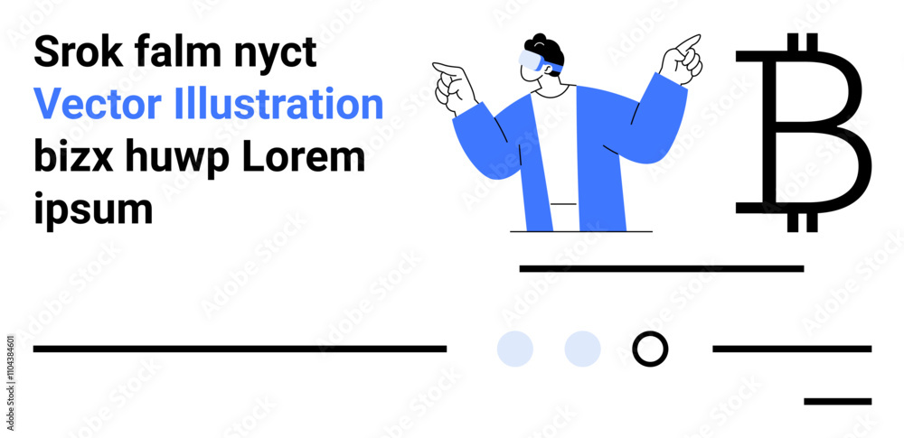 Businessperson wearing blue jacket and pointing, large Bitcoin symbol, text blocks, lines, and circles. Ideal for cryptocurrency, finance, storytelling, marketing, web design, business, landing page Businessperson wearing blue jacket and pointing, large Bitcoin symbol, text blocks, lines, and circles. Ideal for cryptocurrency, finance, storytelling, marketing, web design, business, landing page