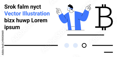 Businessperson wearing blue jacket and pointing, large Bitcoin symbol, text blocks, lines, and circles. Ideal for cryptocurrency, finance, storytelling, marketing, web design, business, landing page