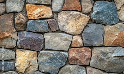 This image displays a rustic stone wall featuring a complex pattern of stones in different colors and shapes, revealing the artistry in construction techniques