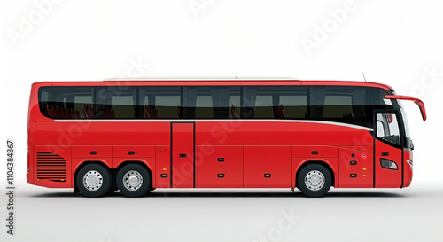 Sleek red  tour bus in profile on white background.