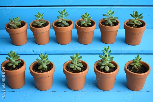 Row of Small Succulent Plants in Terracotta Pots on Blue Background