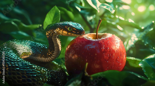 The serpent above the apple in the Garden of Eden, representing Lucifer who deceived Eve, Eden, and the fruit from the tree of knowledge and evil.