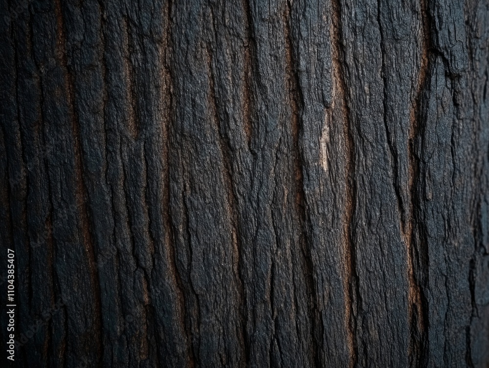 This close-up view captures the rich texture of a tree trunk with dark, wavy bark lines, highlighting the natural beauty and intricate details found in the woods. The right side offers copy space