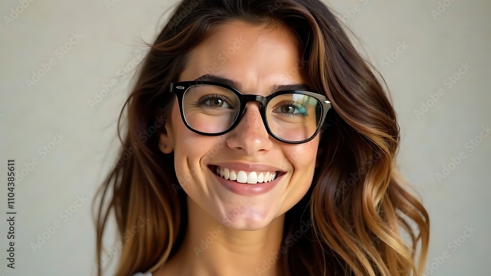 Studio portrait of a young woman with a bright smile, stylish glasses and wavy hair. Studio portrait of a young woman with a bright smile, stylish glasses and wavy hair.