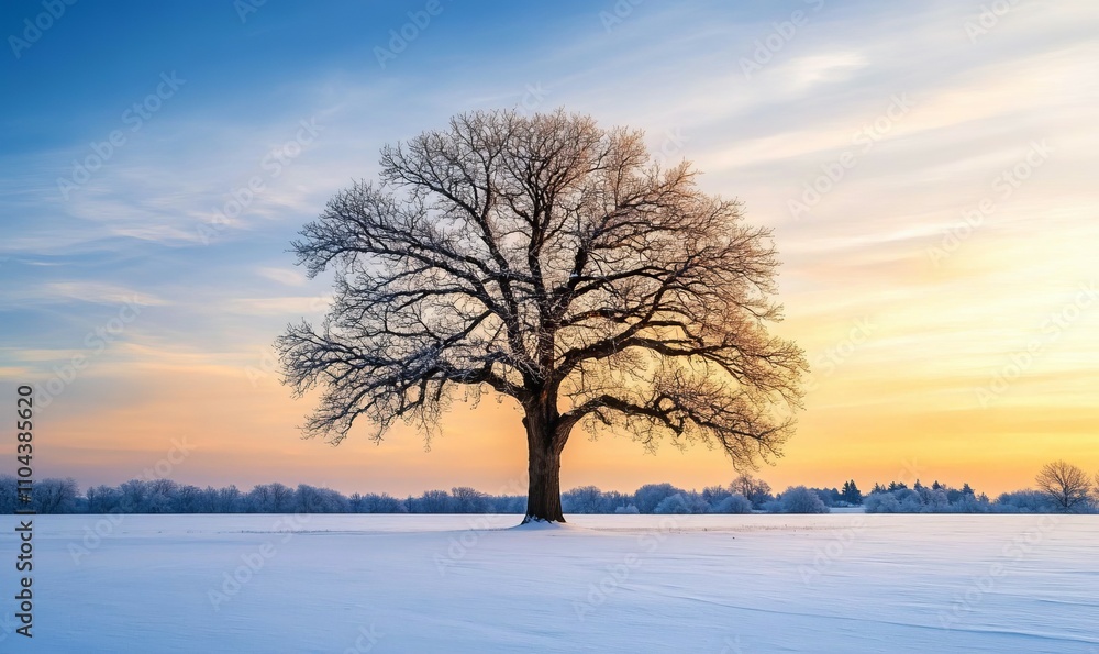 A tree stands alone in a snow-covered field A tree stands alone in a snow-covered field