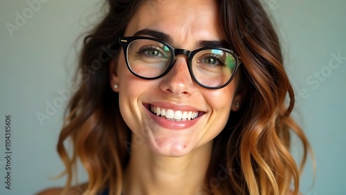 Studio portrait of a young woman with a bright smile, stylish glasses and wavy hair.