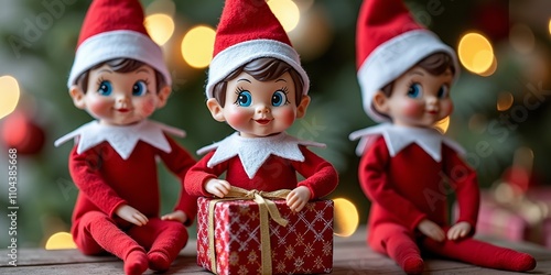 Christmas elves with gift against festive lights