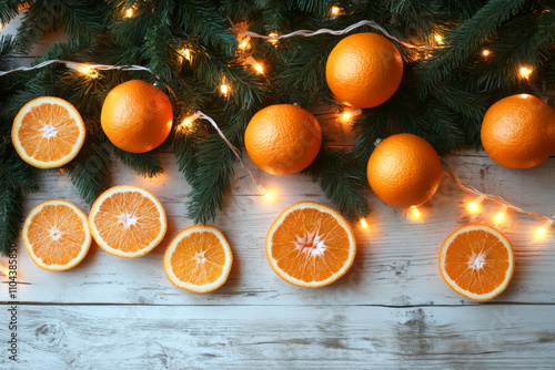 Christmas and New Year background of fir branches, lights and oranges on a white wooden background with copy space.