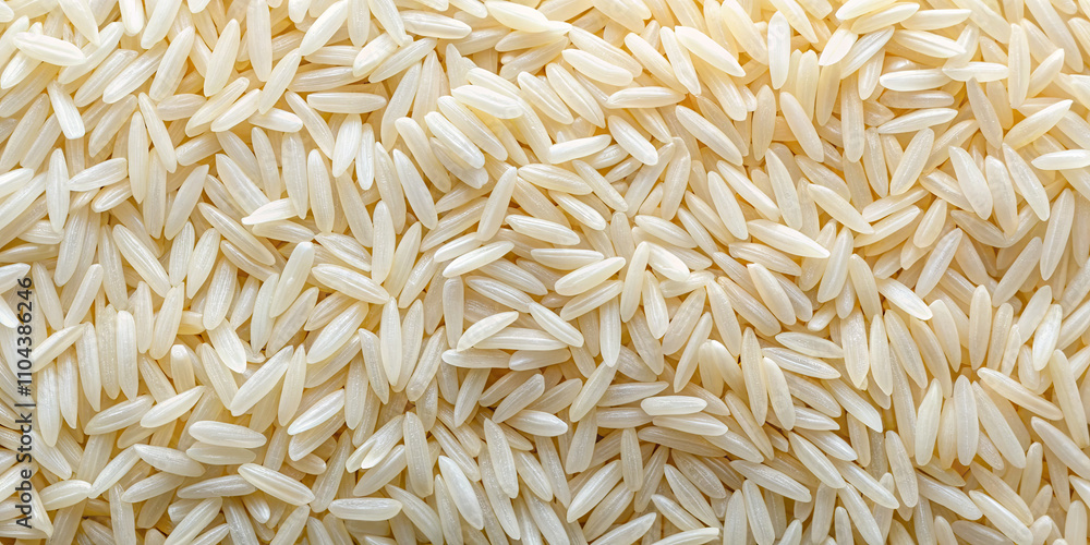 A close-up view of uncooked white rice grains, showcasing their elongated shapes and smooth surfaces. Light reflects off the grains, emphasizing their texture A close-up view of uncooked white rice grains, showcasing their elongated shapes and smooth surfaces. Light reflects off the grains, emphasizing their texture