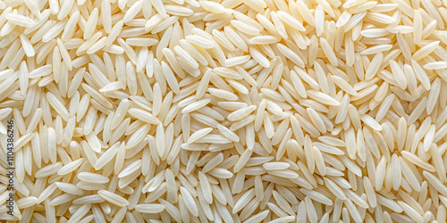 A close-up view of uncooked white rice grains, showcasing their elongated shapes and smooth surfaces. Light reflects off the grains, emphasizing their texture