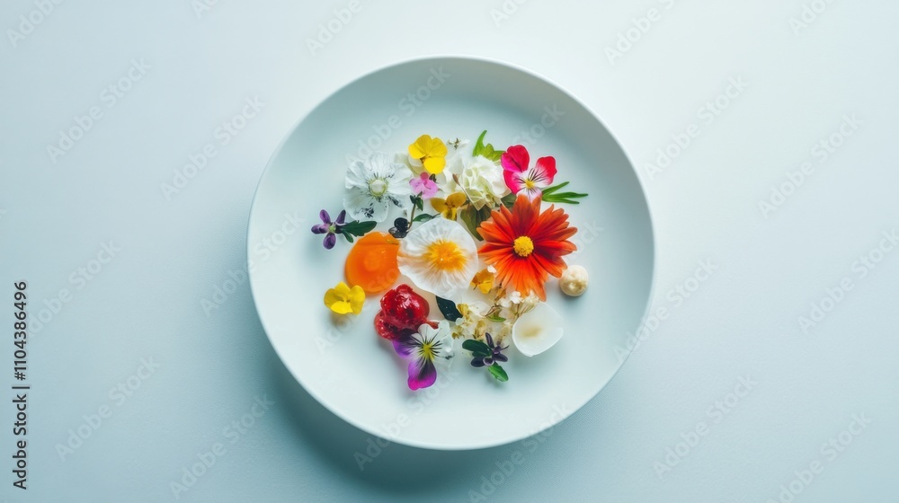 ミニマリストな航空写真に写る白い皿に盛られたカラフルな食用花 ミニマリストな航空写真に写る白い皿に盛られたカラフルな食用花