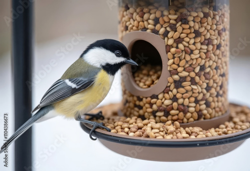 A titmouse eats grains in a bird feeder in winter. Caring for birds in winter. photo