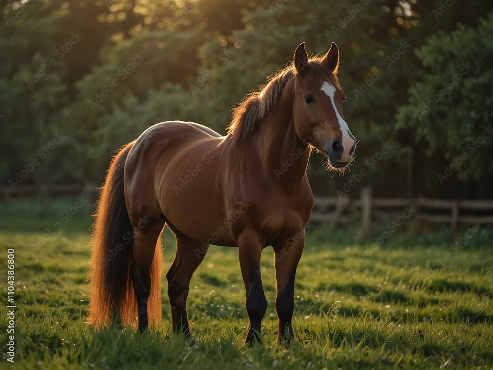 Obraz premium Chestnut horse yawning in soft evening sunlight.