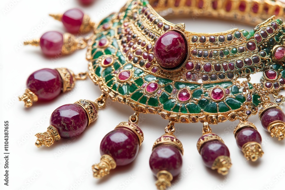 Ornate gold necklace; red, green gemstones. Ornate gold necklace; red, green gemstones.