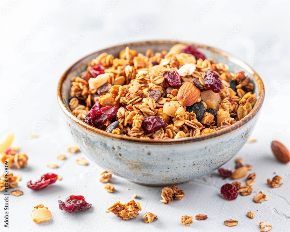 A close-up of a bowl of colorful granola with nuts and dried fruit, highlighting its texture and visual appeal. A close-up of a bowl of colorful granola with nuts and dried fruit, highlighting its texture and visual appeal.